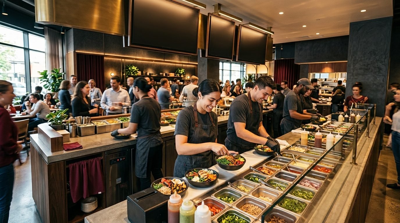 Modern quick-service restaurant counter assembling fresh food bowls