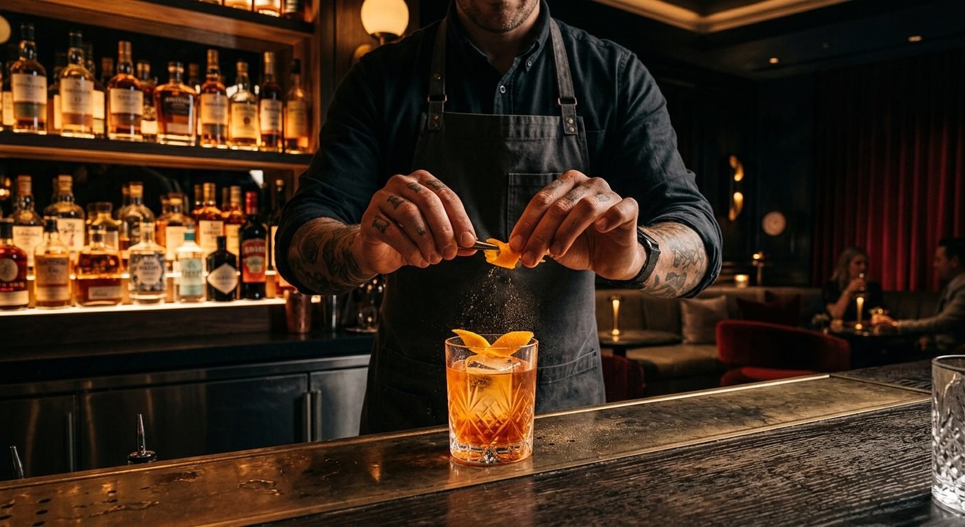 Craft cocktails being prepared at a premium bar counter