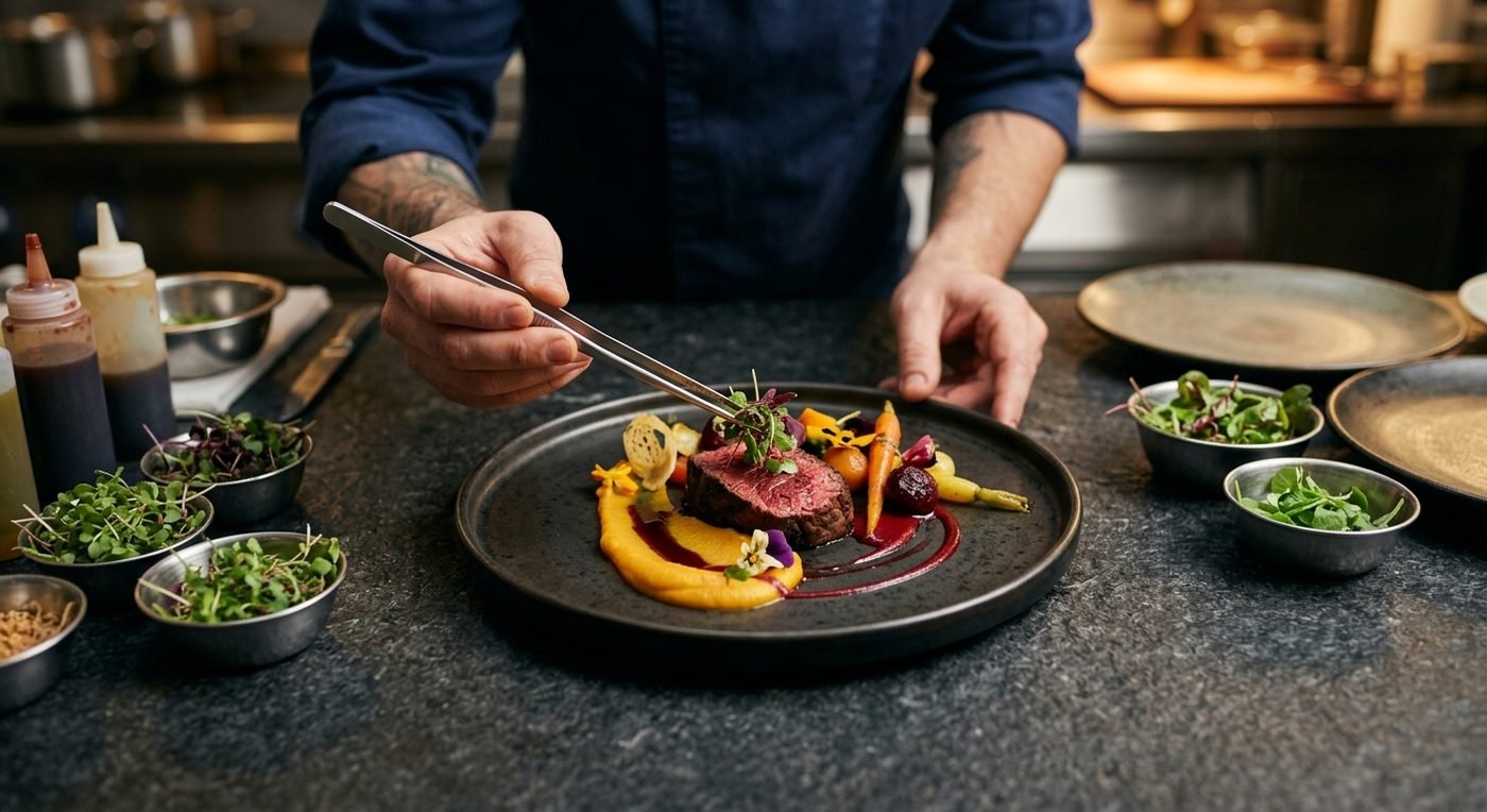 Chef hands precisely plating a fine dining dish, representing recipe costing discipline